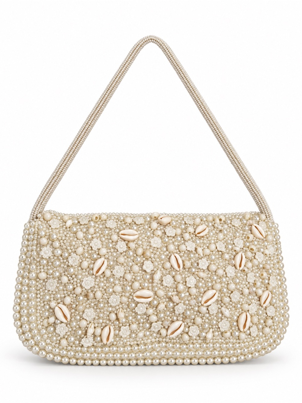 Pearl Beaded Cowrie Shell Shoulder Bag Coastal Statement Purse